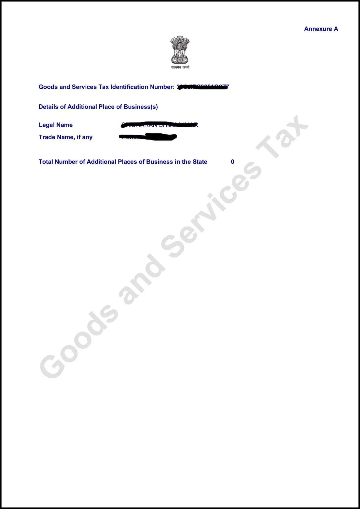 GST Certificate Annexure page 'A'