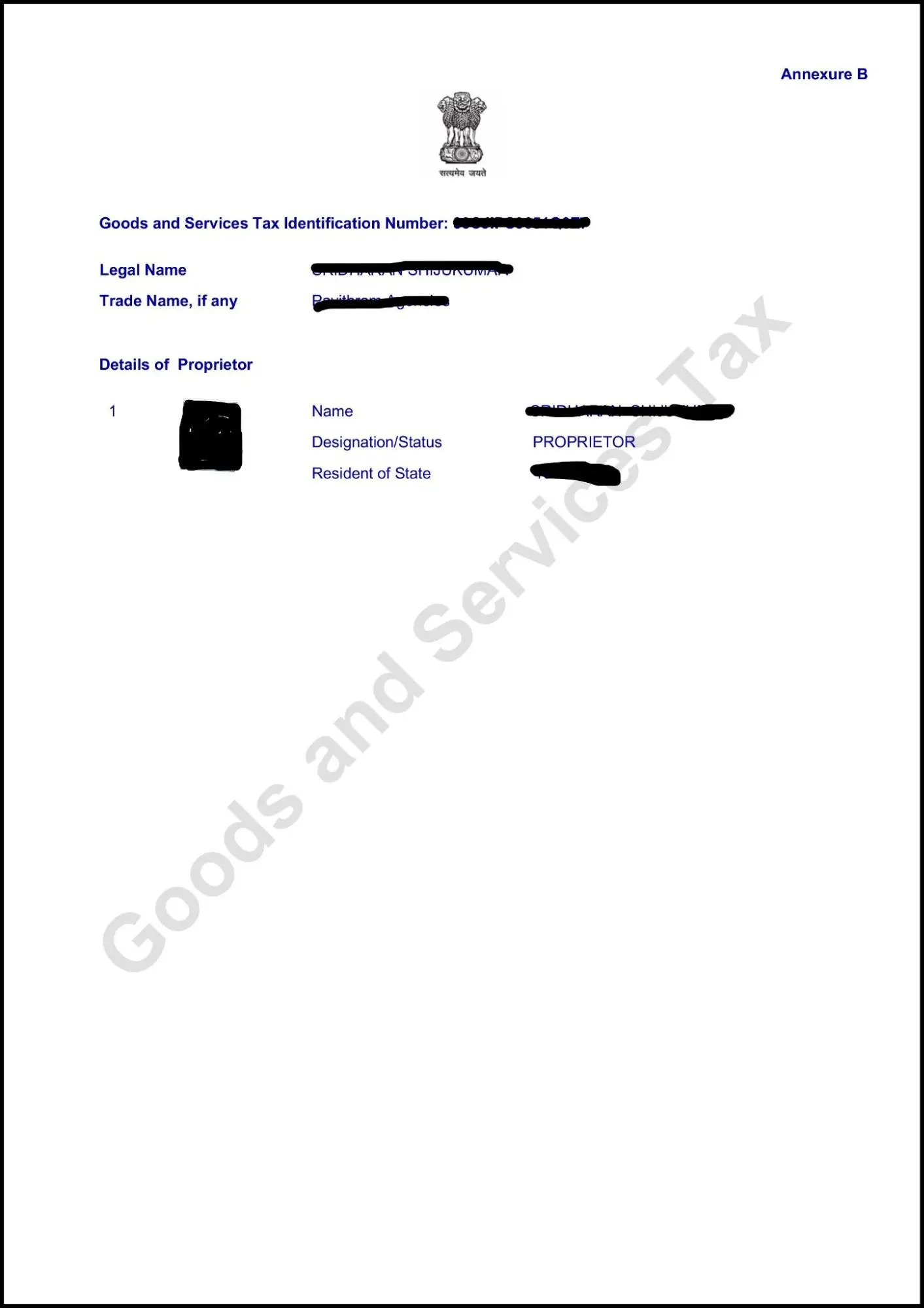 GST Certificate Annexure 'B'